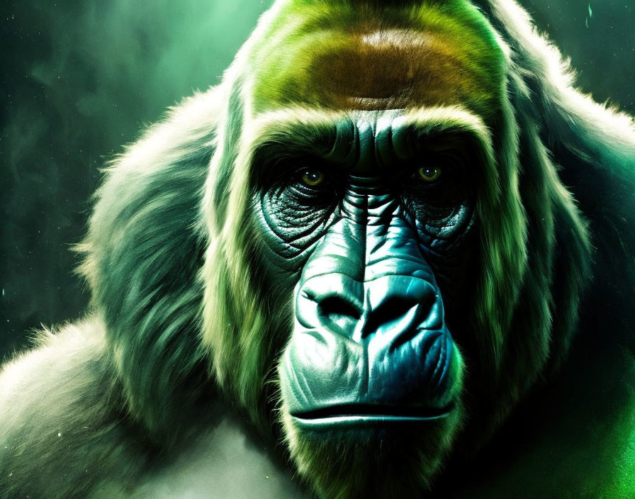 Gorilla with Intense Gaze in Dramatic Blue and Green Palette