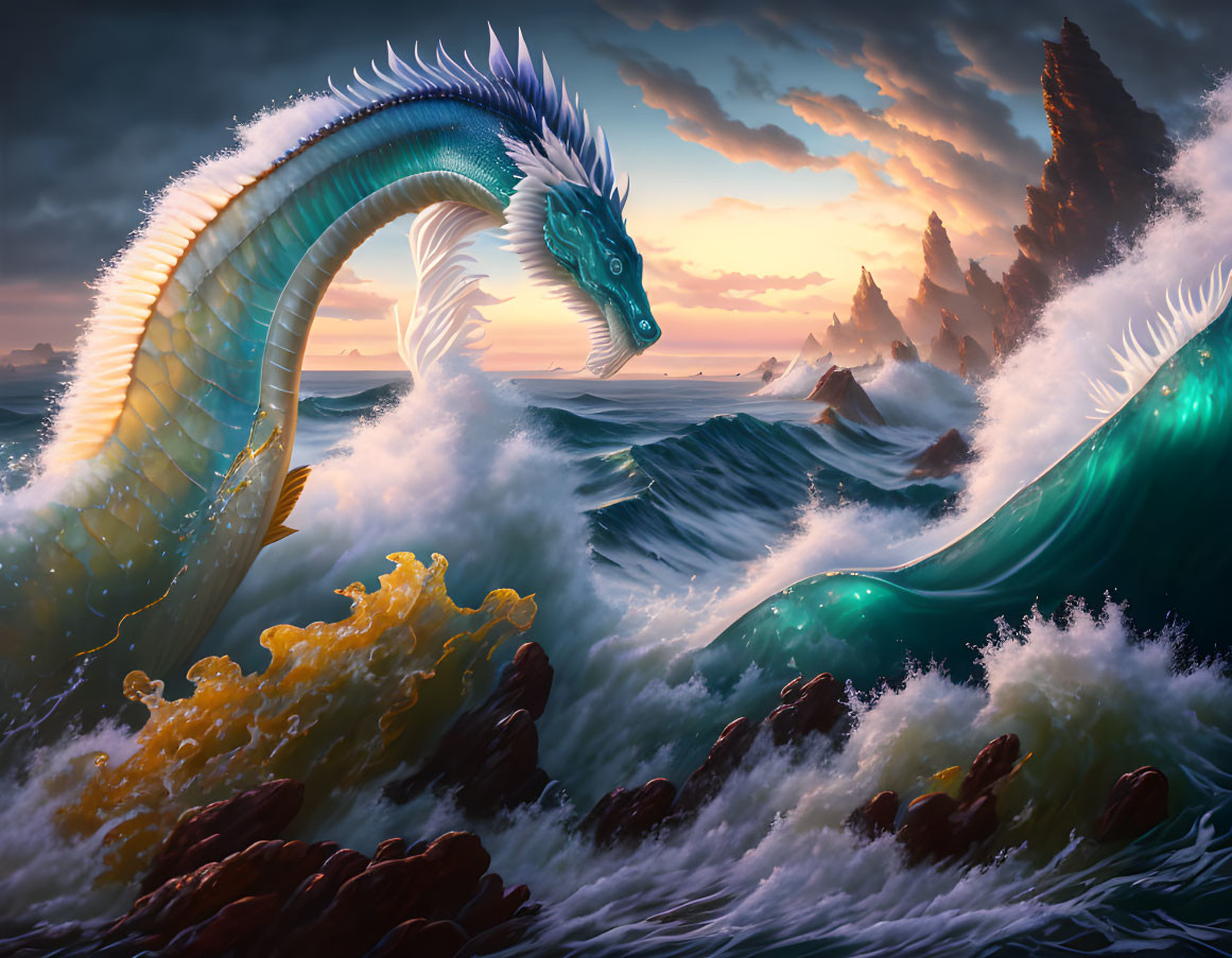 Majestic sea dragon emerging from turbulent ocean waves