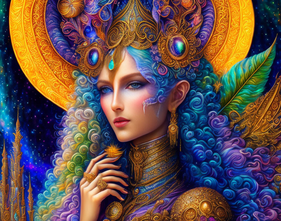 Vibrant Woman Illustration with Golden Headdress and Cosmic Background