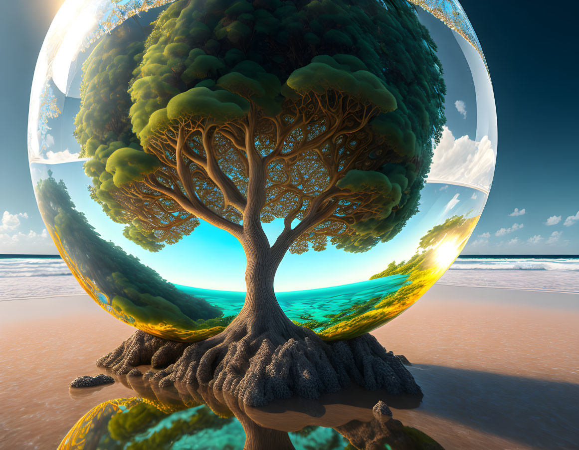 Surreal image: Tree in transparent sphere with beach backdrop