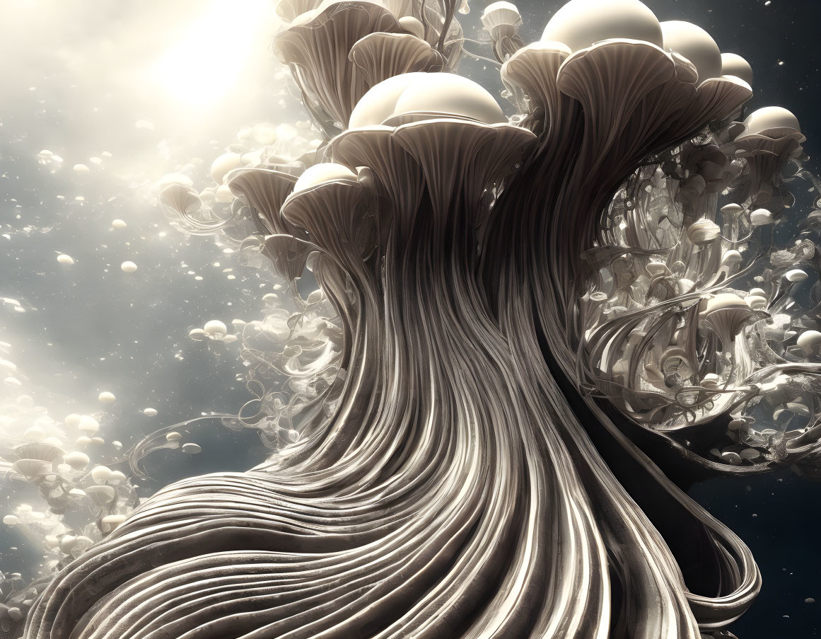 Surreal illustration of wavy tree with mushroom canopy and floating orbs