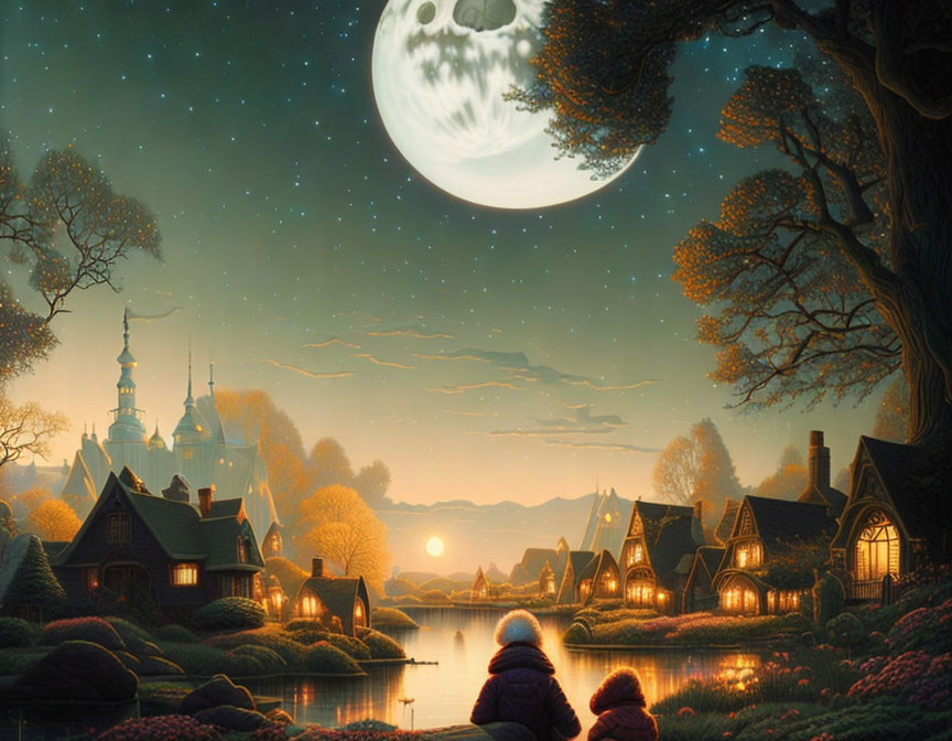 Moonlit Night Scene with Couple, Cottages, Castle, and River