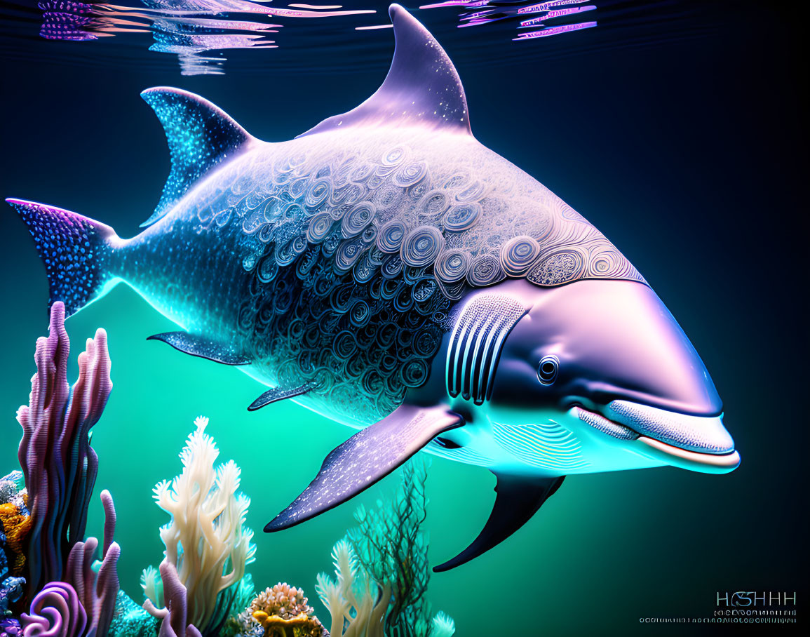 Colorful Stylized Shark Swimming Among Coral Underwater