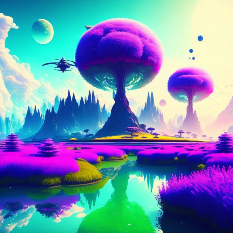 Colorful alien landscape with purple foliage, tree-like structures, floating orbs, and reflective water.