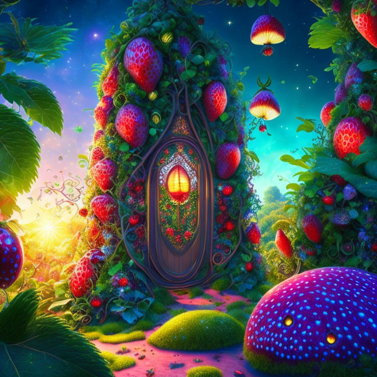Fantasy landscape with ornate door, giant strawberries, glowing mushrooms, and luminous spores under