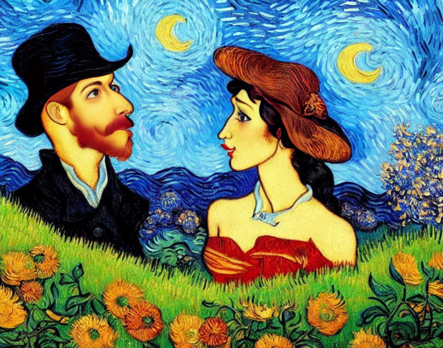 Illustration of man and woman with Van Gogh-inspired swirl pattern