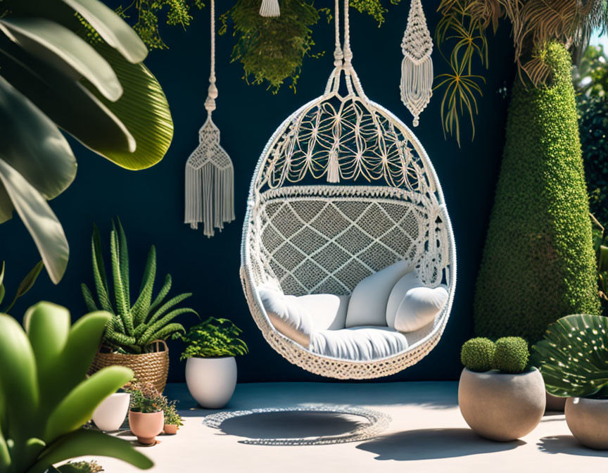 White Hanging Swing Chair with Cushions in Serene Garden