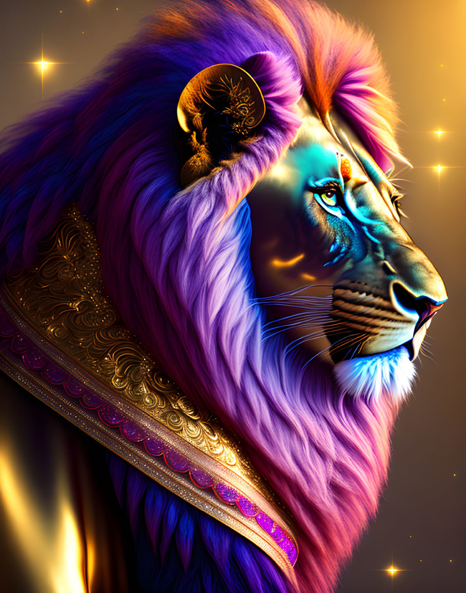 Colorful Lion with Purple and Blue Fur and Golden Accessories on Sparkling Background