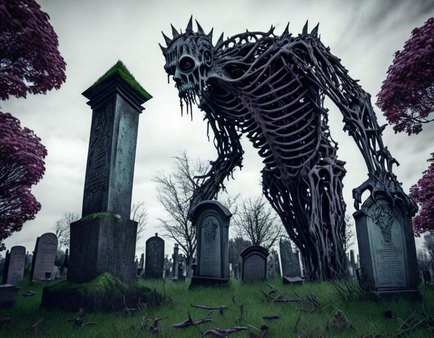Enormous skeletal creature overlooking graveyard with moss-covered tombstones and purple trees under cloudy sky