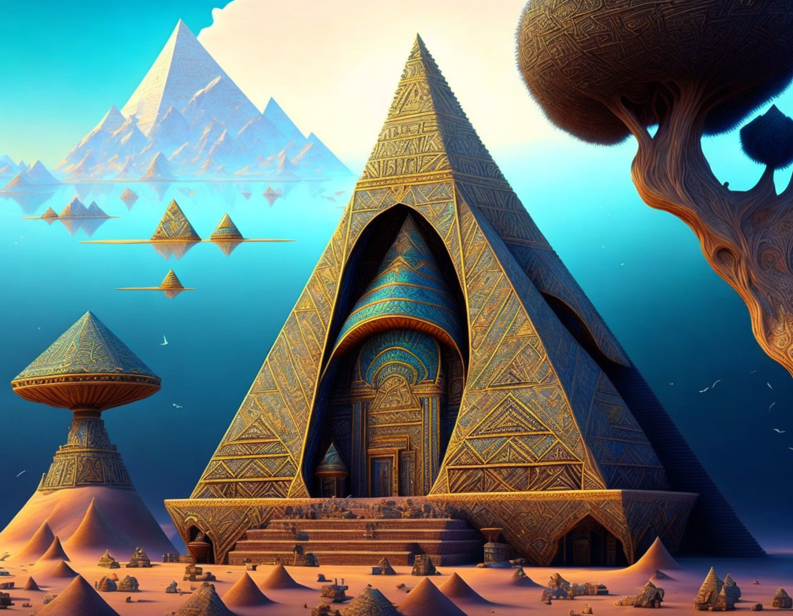 Ornate pyramids, flying shapes, and fantastical trees in surreal landscape