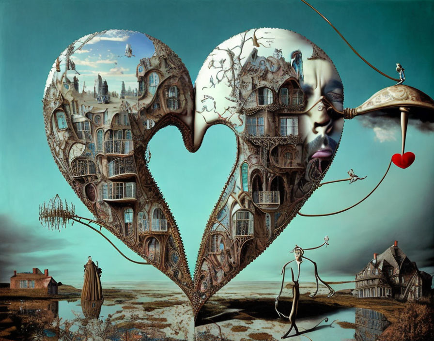 Detailed surreal heart-shaped illustration with intricate buildings, faces, figures, and a floating red heart.