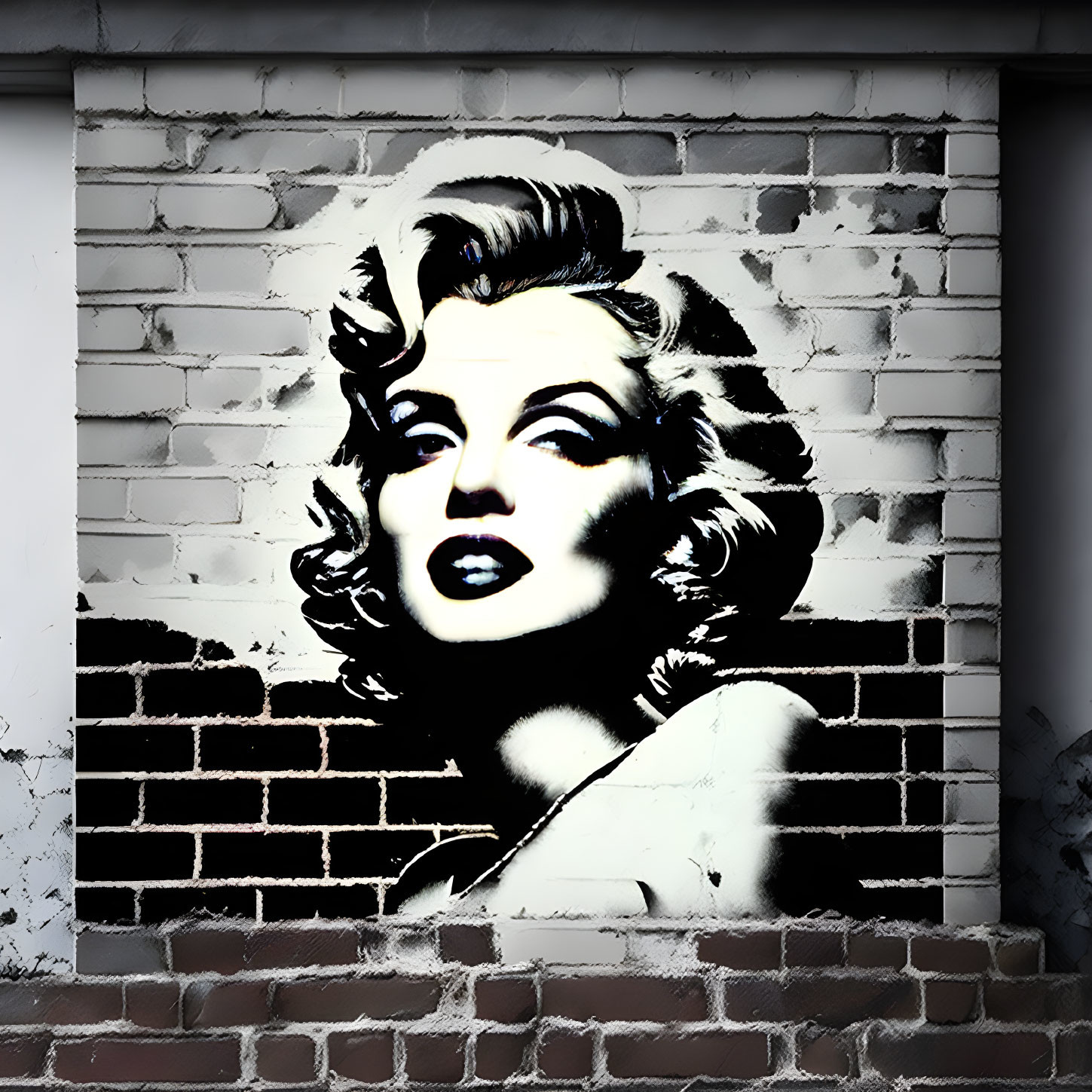 Monochromatic graffiti portrait of a woman with retro style on brick wall