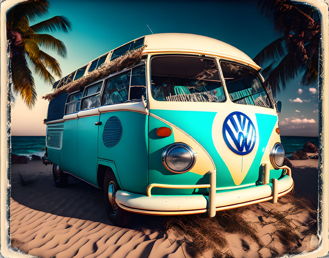 Vintage Blue-and-White Volkswagen Bus on Sandy Beach at Sunset