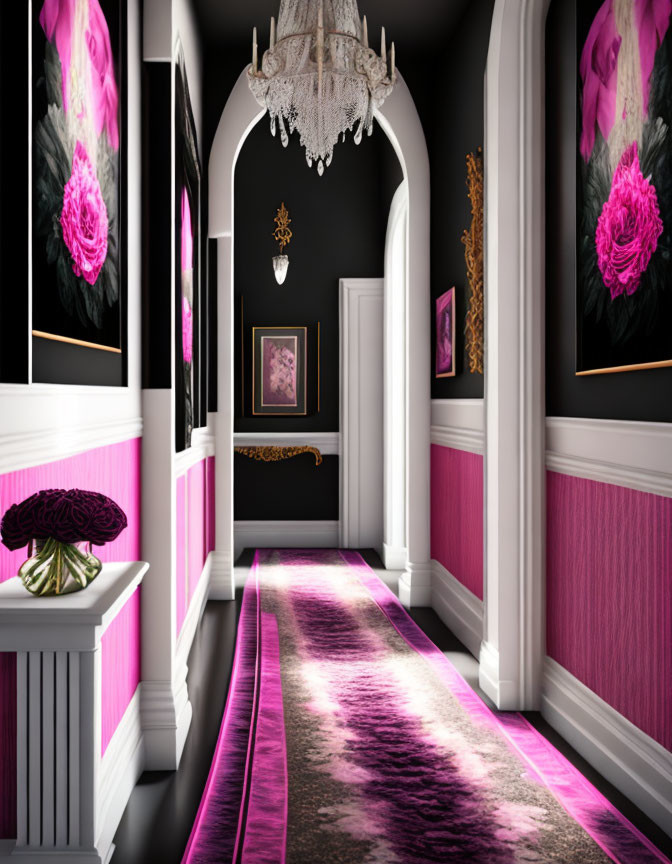 Sophisticated hallway with black walls, pink wainscoting, floral artwork, and crystal ch