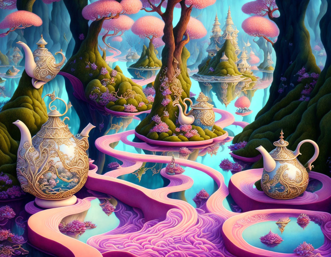 Whimsical landscape with teapots, pink rivers, and mushroom-like trees