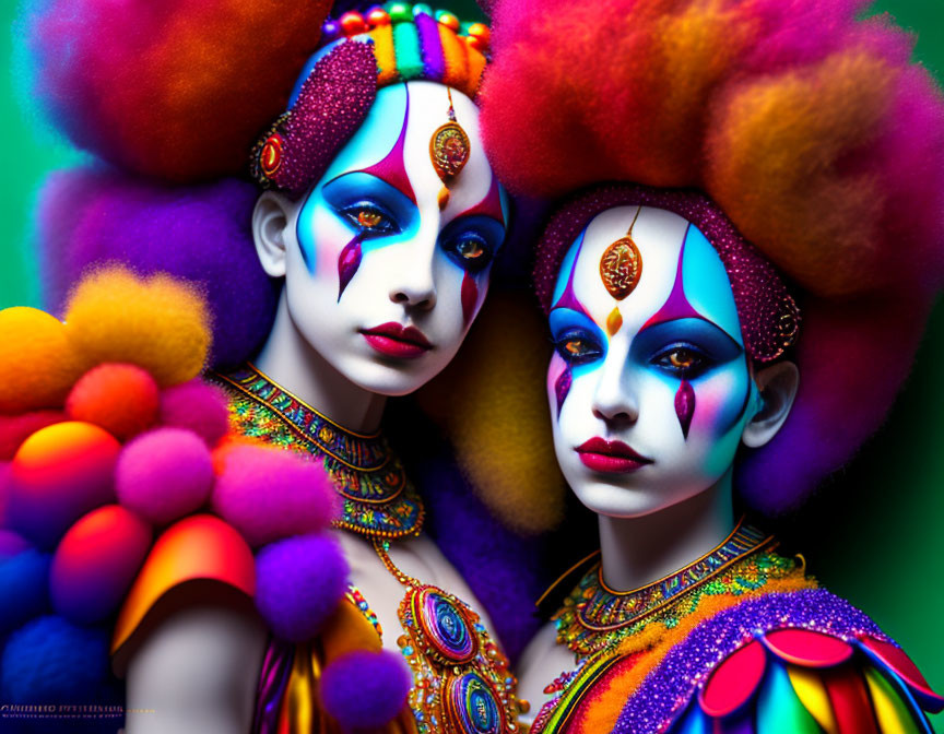 Vibrant Makeup and Elaborate Costumes on Two People Against Green Background