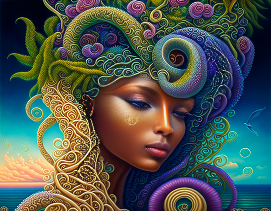Colorful artwork of woman with marine-themed headdress against sunset