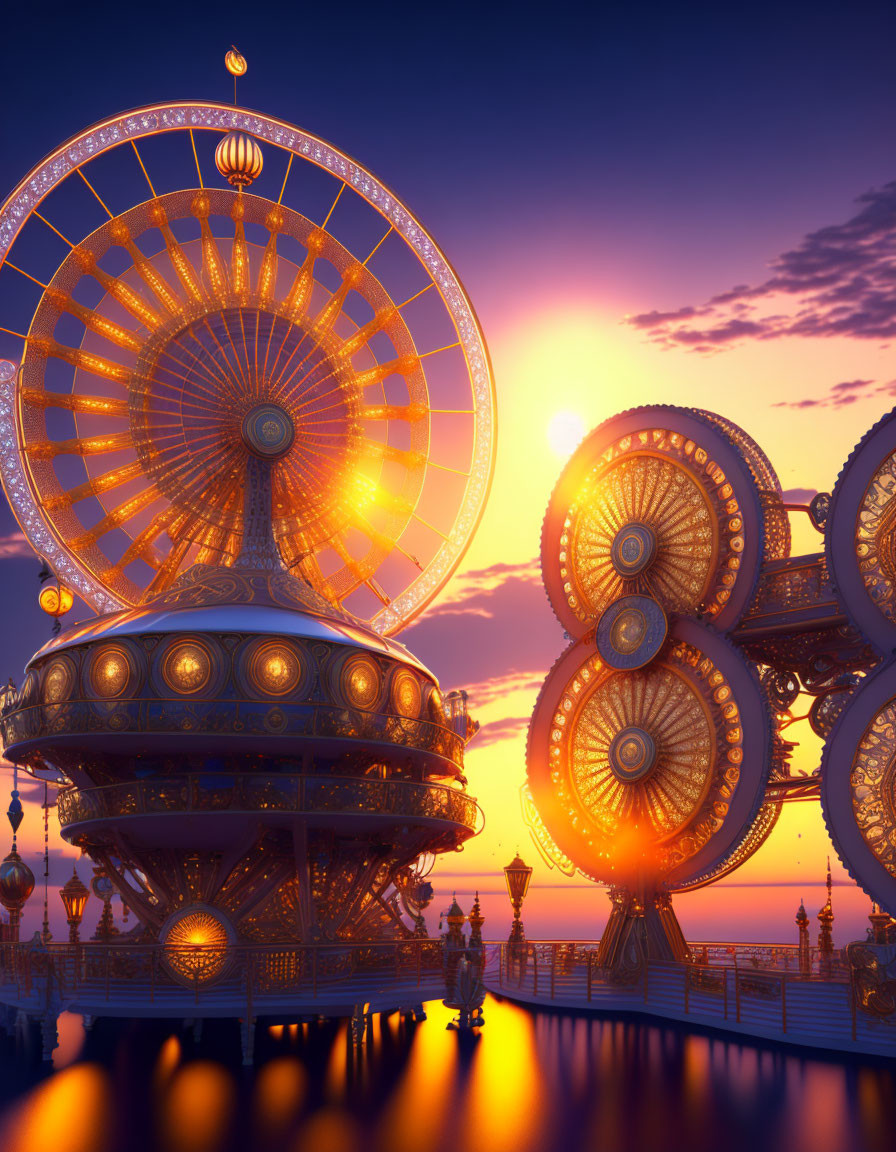 Intricate Futuristic Ferris Wheels Reflecting at Sunset