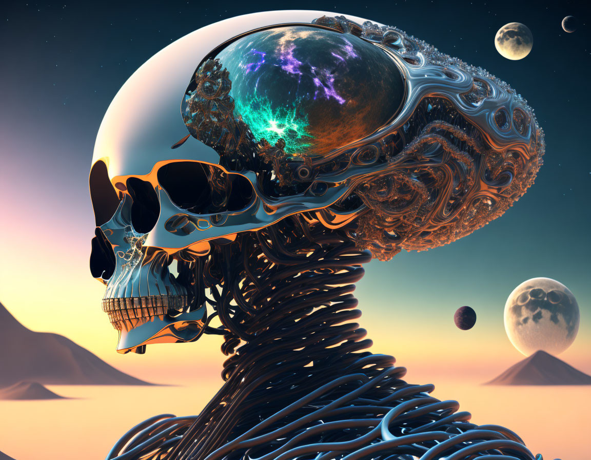 Surreal artwork: robot with globe head in cosmic landscape