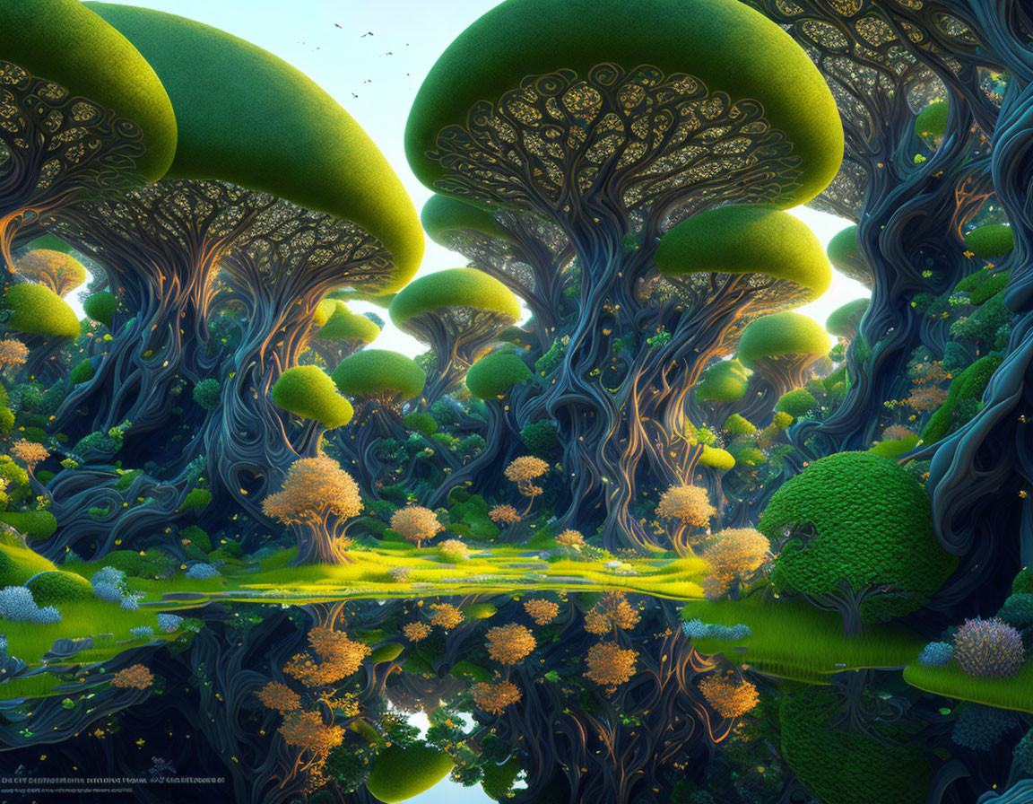 Colorful digital artwork: Oversized mushroom-shaped trees in lush, green forest