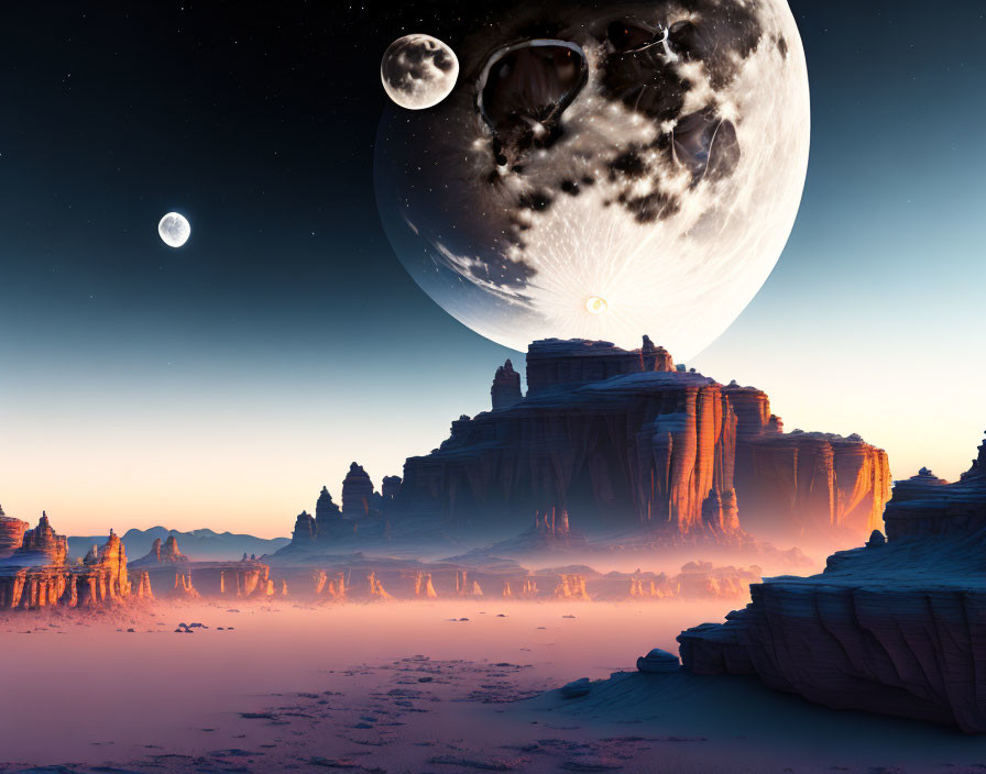 Detailed desert landscape with large planets and moon in twilight sky above rock formations