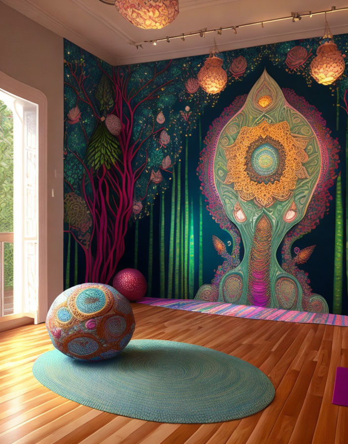 Colorful psychedelic mural of tree with hanging lamps in vibrant room