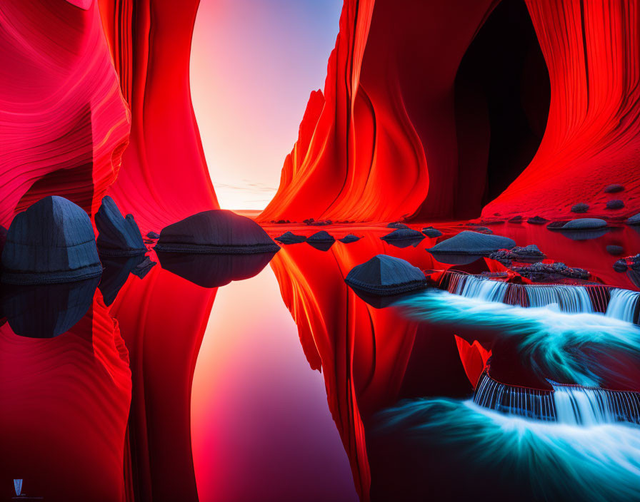 Colorful Red and Purple Canyon with Cascading Water and Reflective Surface