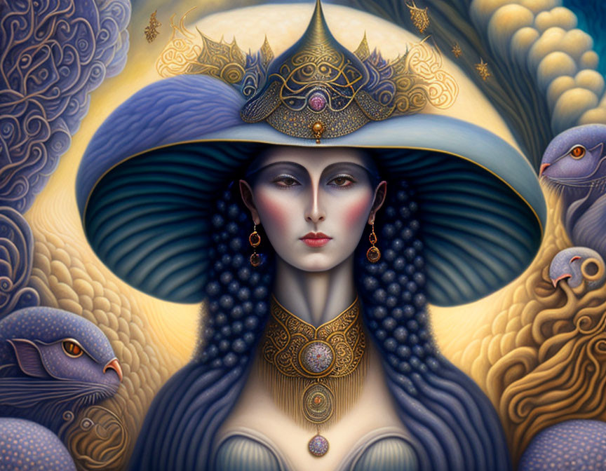 Stylized portrait of a woman with ornate hat, sheep, celestial patterns