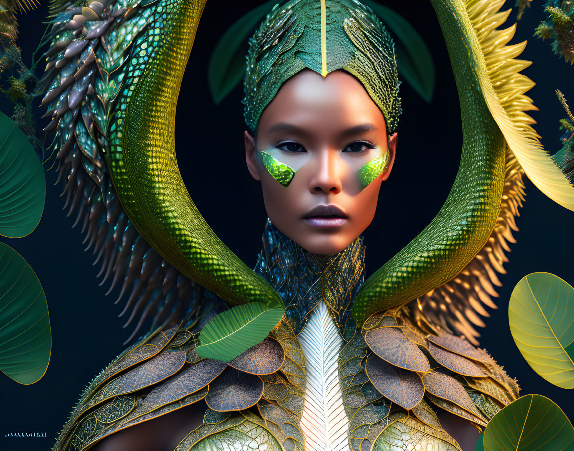Intricate Green and Gold Serpentine Armor Portrait
