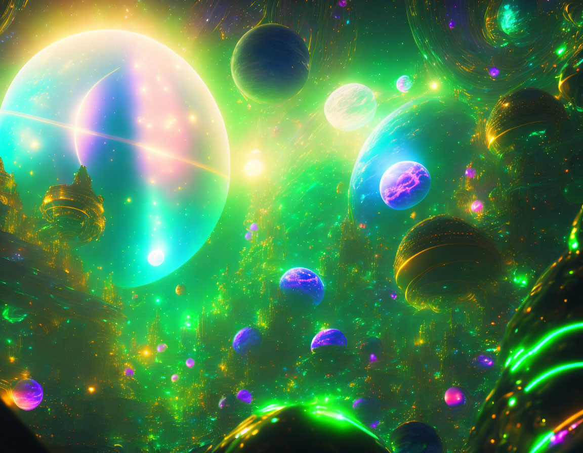 Colorful cosmic scene with planets, orbs, and nebulous structures in a star-filled galaxy