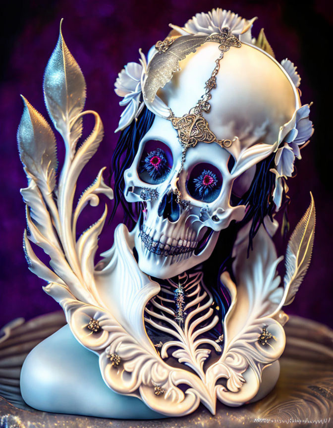 Ornate skull with purple eyes, white feathers, flowers, and gold jewelry on purple background
