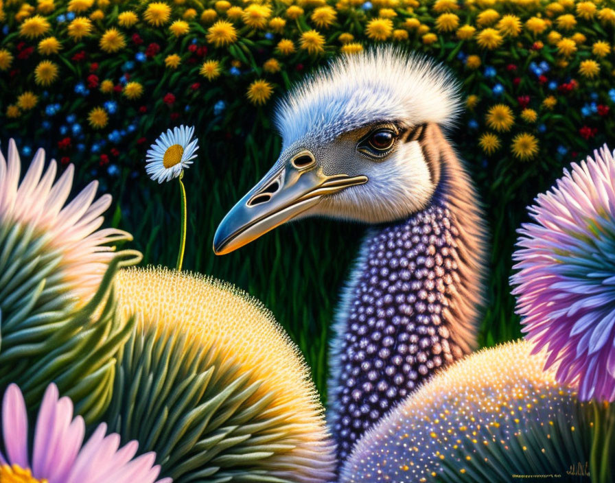 Vibrant ostrich illustration with colorful flowers and intricate textures