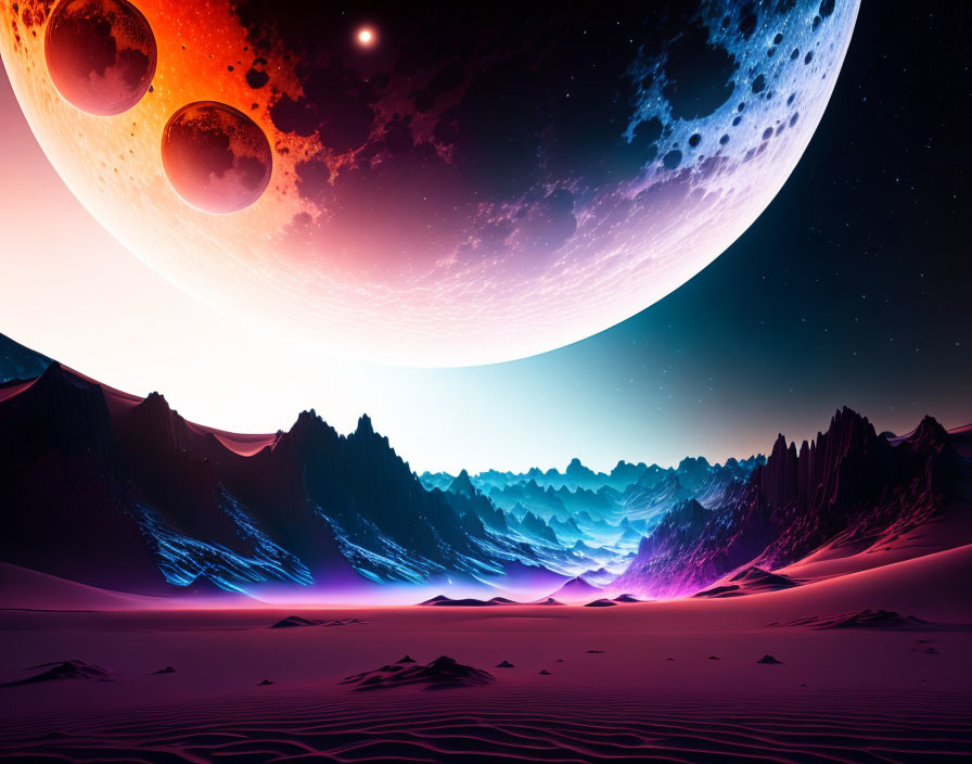 Sci-fi desert landscape with purple mountains and large planets