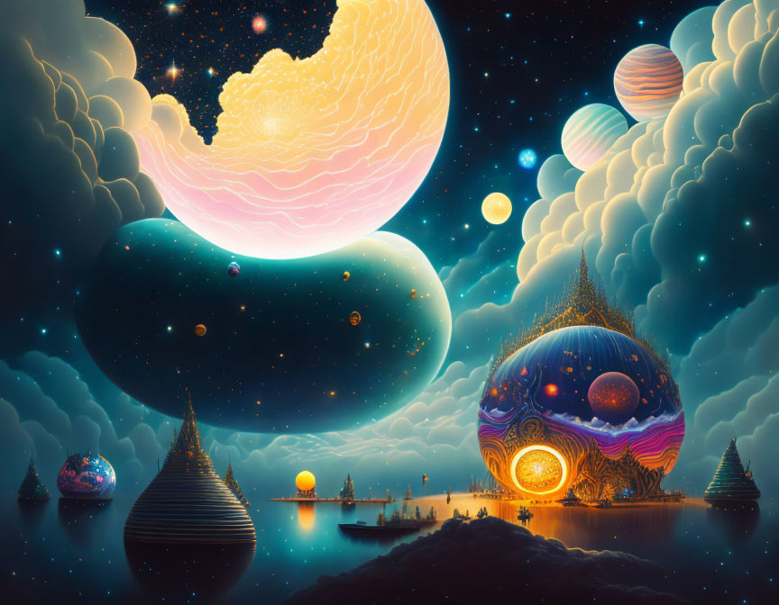 Colorful celestial bodies over serene floating islands with glowing structures.