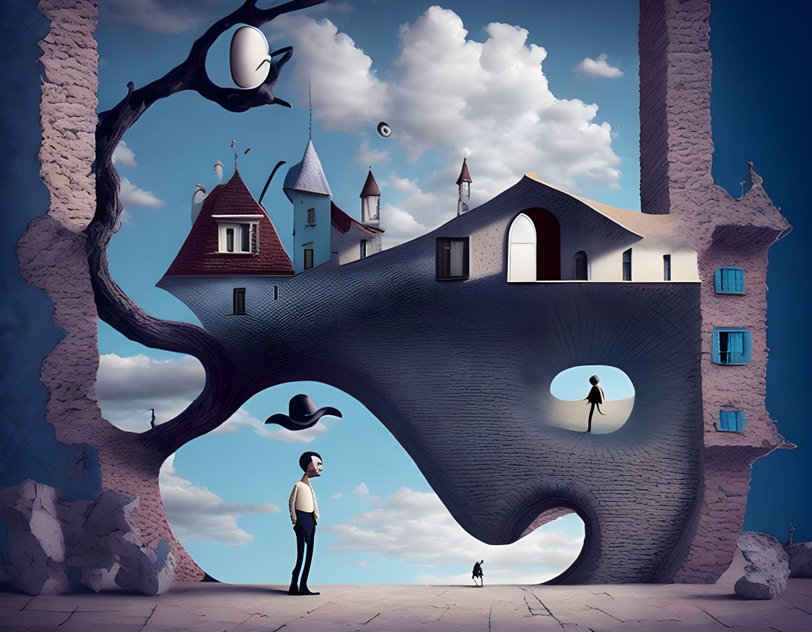 Surreal artwork of man, dog, wavy structure, house, trees, and floating objects