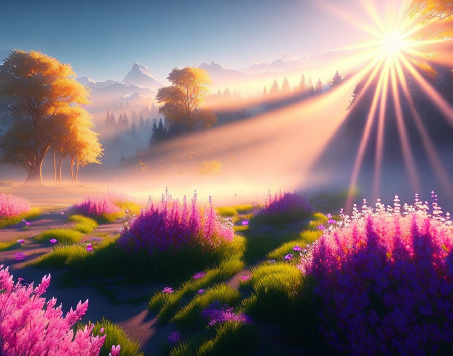 Colorful landscape with sunbeams, flowers, and mountains in hazy sky