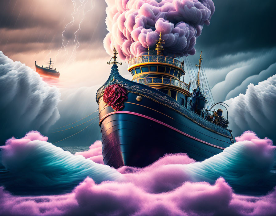 Surreal ship with rose sails in stormy seas and lightning