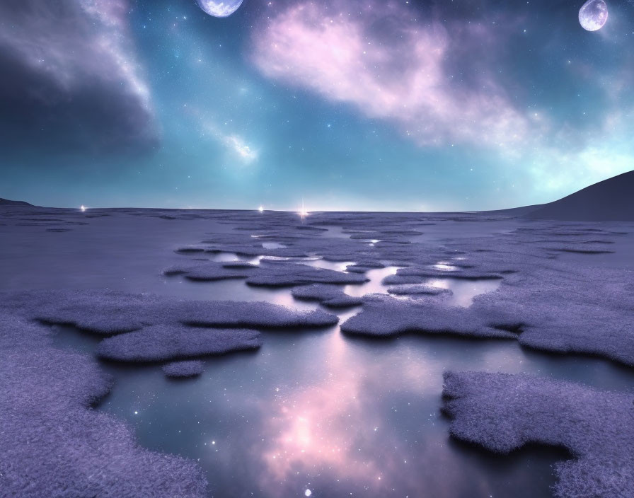 Surreal landscape with reflective water, ice patches, twilight sky, two moons, and stars