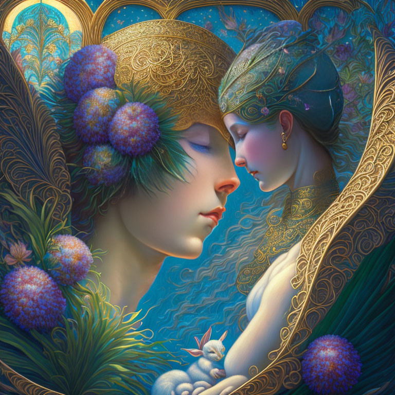 Detailed Artwork: Stylized Women Embracing with Elaborate Headpieces