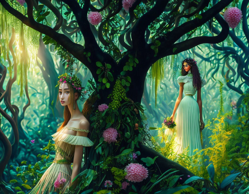 Two women in elegant dresses in vibrant flower-filled forest