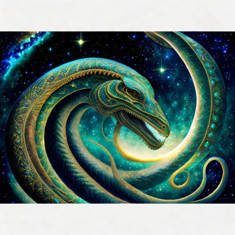Detailed Serpentine Dragon Art Against Cosmic Starry Background
