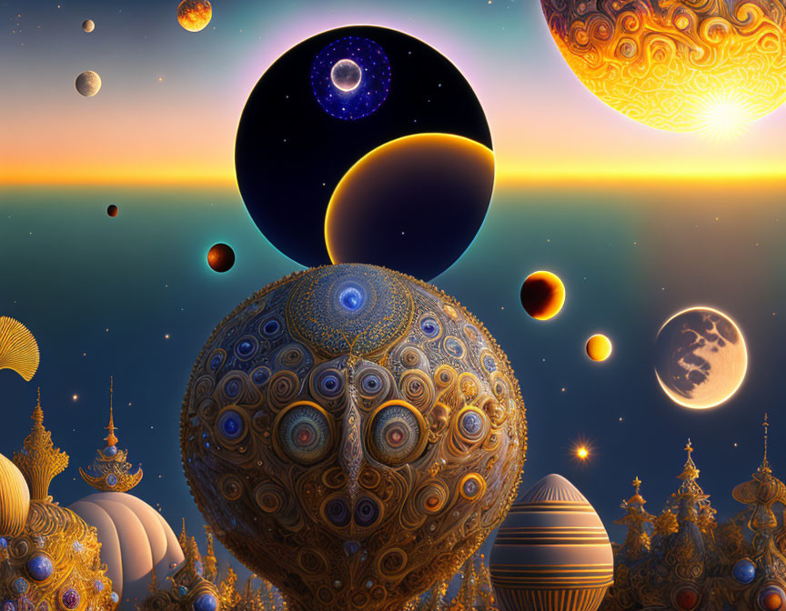 Colorful cosmic scene with ornate sphere-like structures against a starry sky