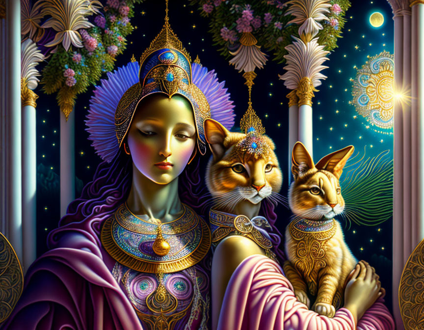 Regal woman in ornate attire with adorned cats, cosmic backdrop.