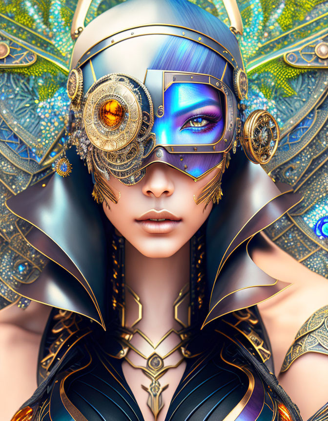 Detailed artwork: Woman with mechanical eye, vibrant makeup, ornate headgear with golden & blue patterns