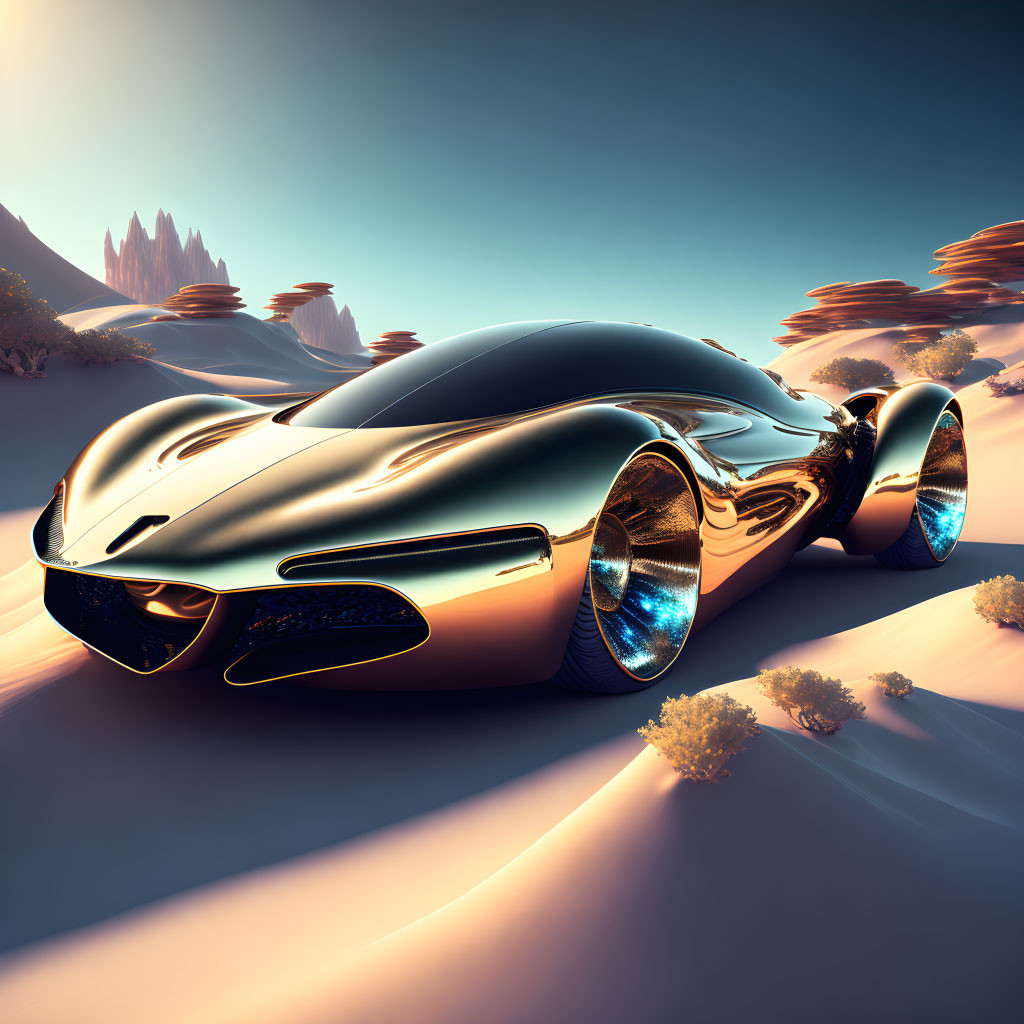 Futuristic car gliding over desert landscape at sunset