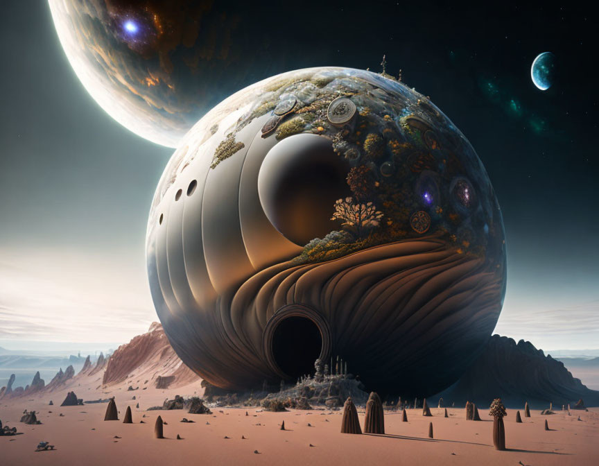 Detailed surreal landscape with colossal sphere, temple, and celestial bodies.