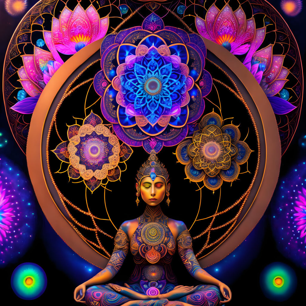 Colorful Mandala and Lotus Flower Artwork with Meditative Figure