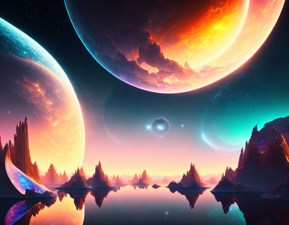 Colossal planets, vibrant nebulae, and crystalline structures in sci-fi landscape