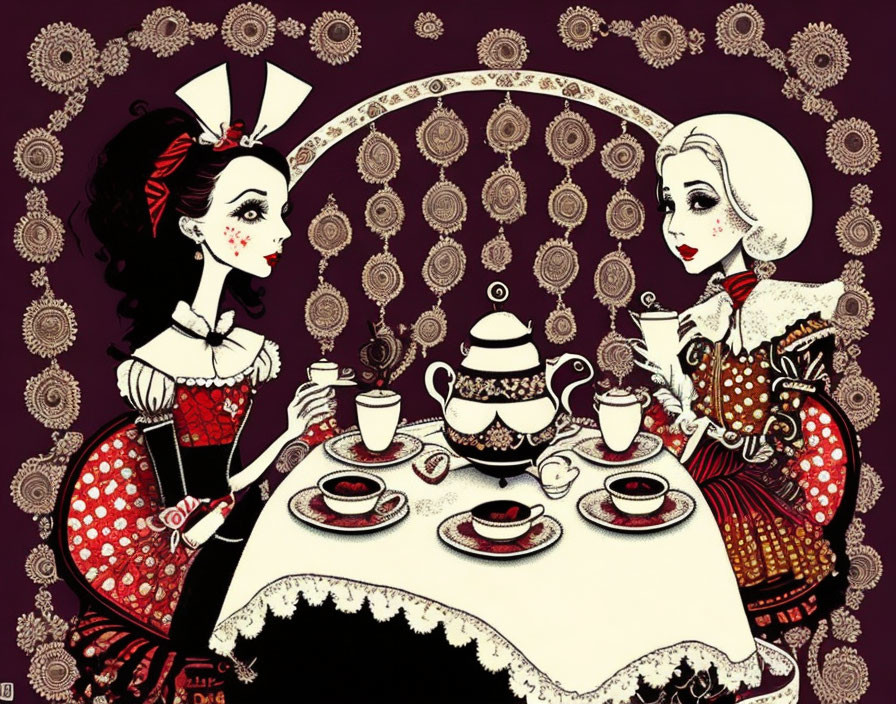 Stylized women in vintage dresses at ornate tea party