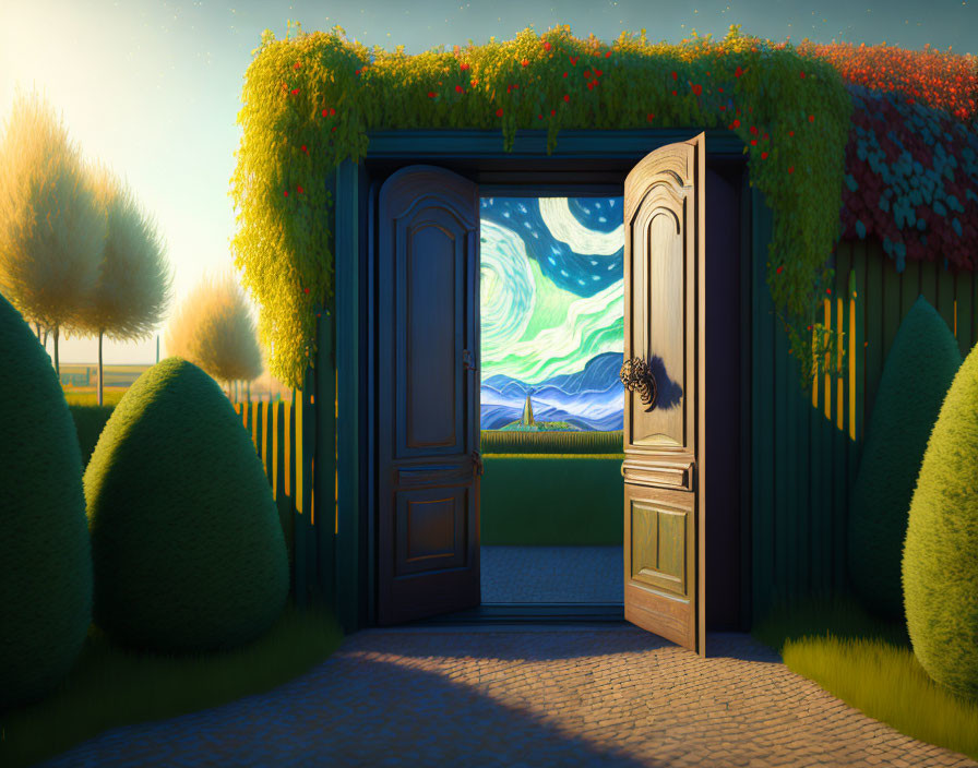 Whimsical doorway to Van Gogh-inspired landscape with vibrant colors